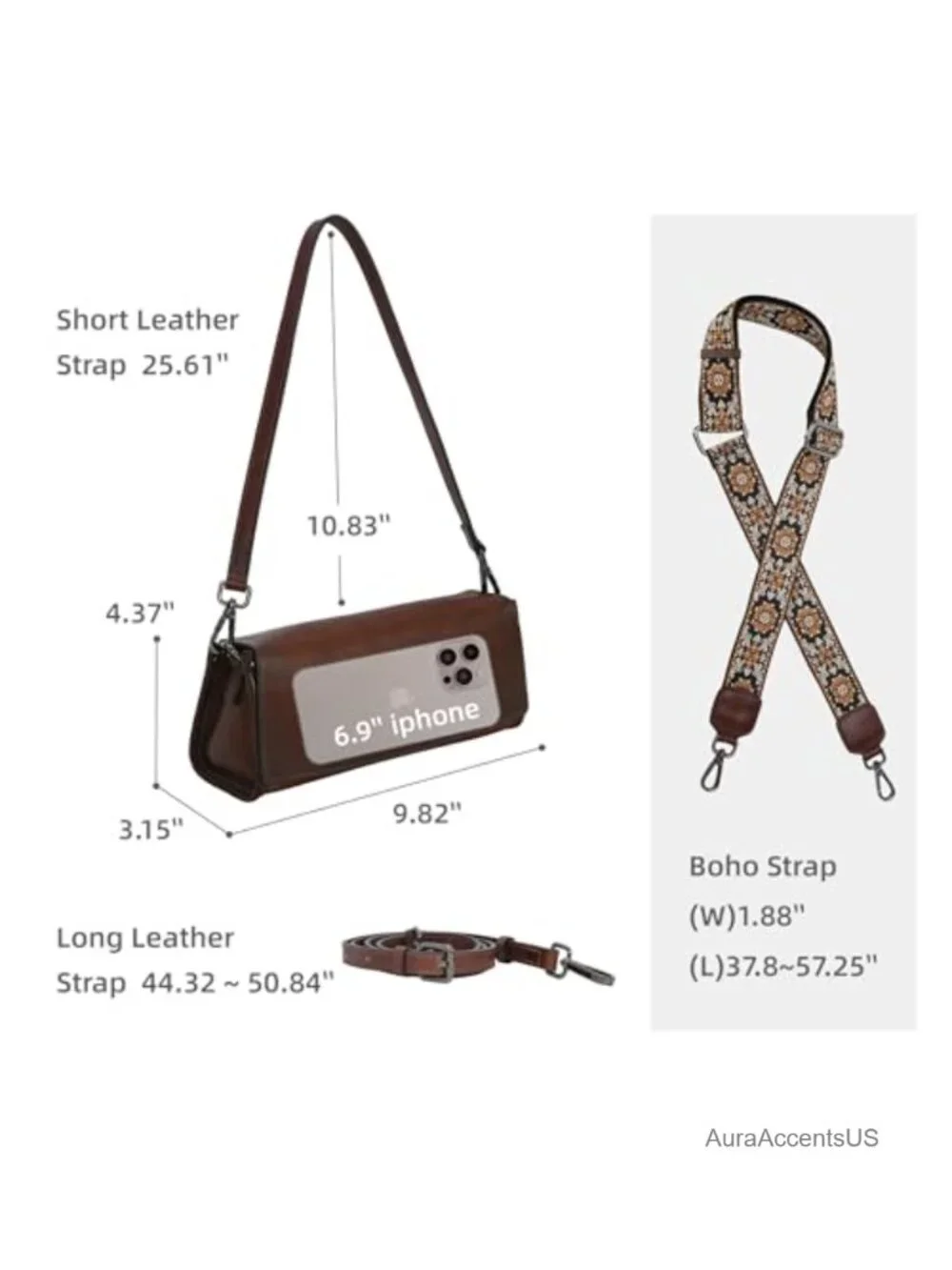 Genuine Leather Crossbody Bag with 3 Straps Satchel Handbag for Women Travel